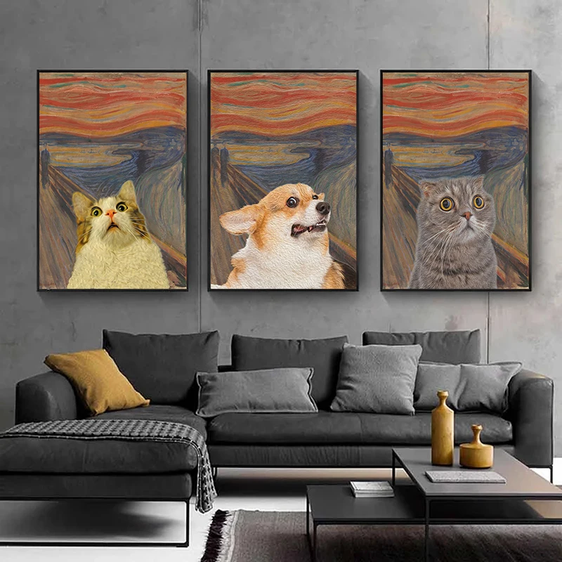 Funny Famous Scream Canvas Paintings The Dog and Cat Posters and Prints Wall Art Pictures for Living Room Decoration Cuadros