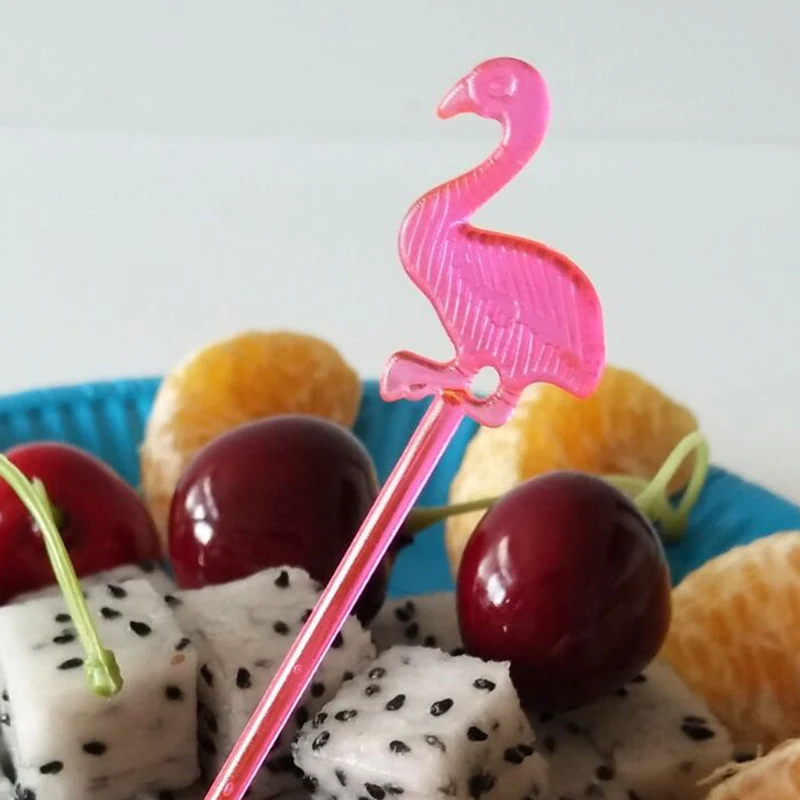 50pcs Plastic Flamingo Food Toothpicks Party Decor Cake Dessert Stick Pink Vegetable Fruit Salad Toothpick Summer Hawaii Party