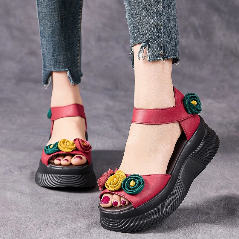 DRKANOL Fashion Women Wedges Heel Sandals Summer Genuine Cow Leather Flowers Open Toe Chunky Platform Sandals Thick Sole Shoes