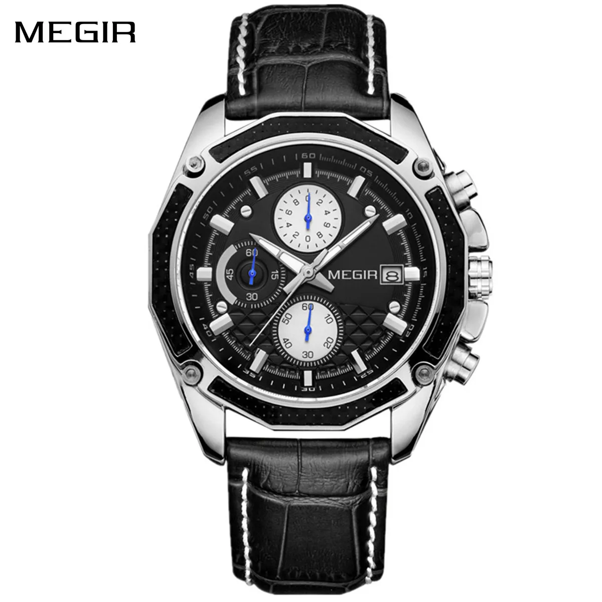 MEGIR Luxury Chronograph Big Dial Men's Quartz Sport Wrist Watch Waterproof Leather Strap Casual Wristwatch Clock Reloj Hombre
