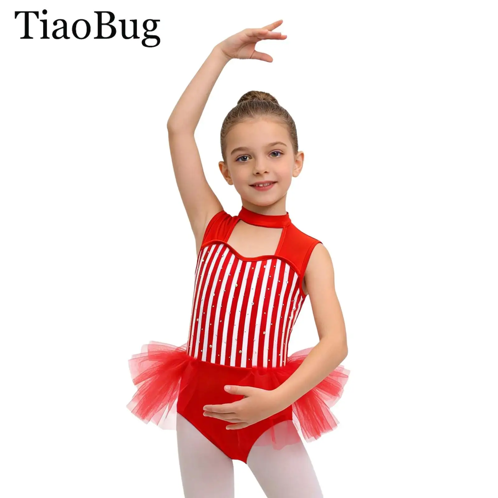 

Girls Rhinestones Gymnastics Ballet Leotards Halloween Circus Ringmaster Costume Waist Mesh Ruffled Striped Jumpsuit Bodysuit