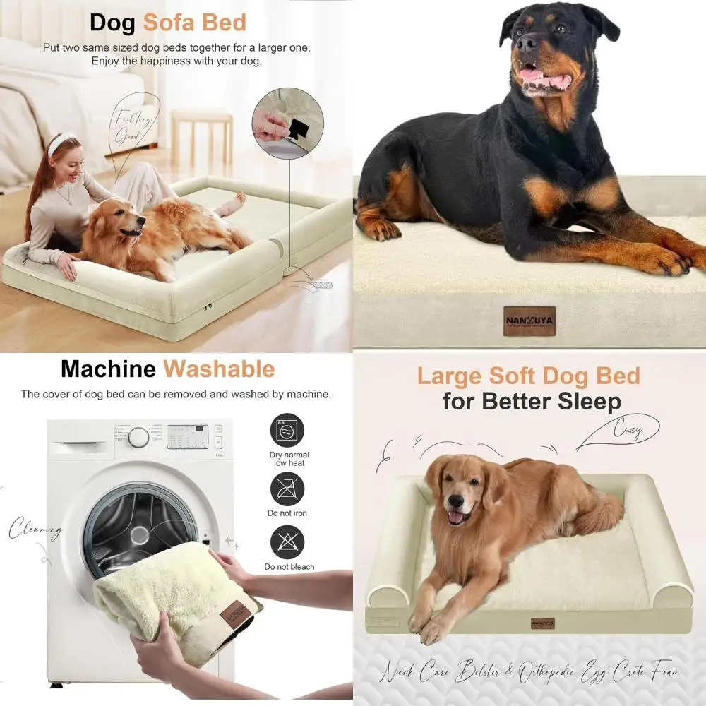 

Orthopedic Washable Large Dog Bed - XXL Bolster Sofa with Waterproof Removable Cover - Beige