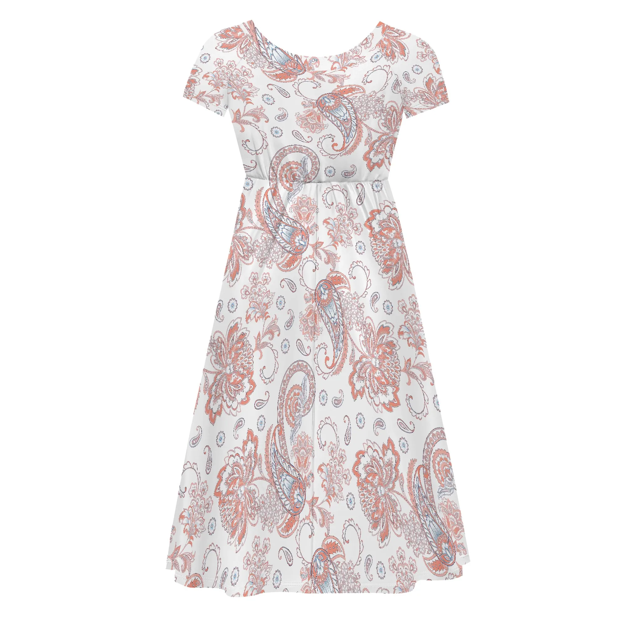 EQQZD 伝統的な半袖ラウンドネックドレス、ボヘミアンスタイルの美しい花柄ミディドレス女性用