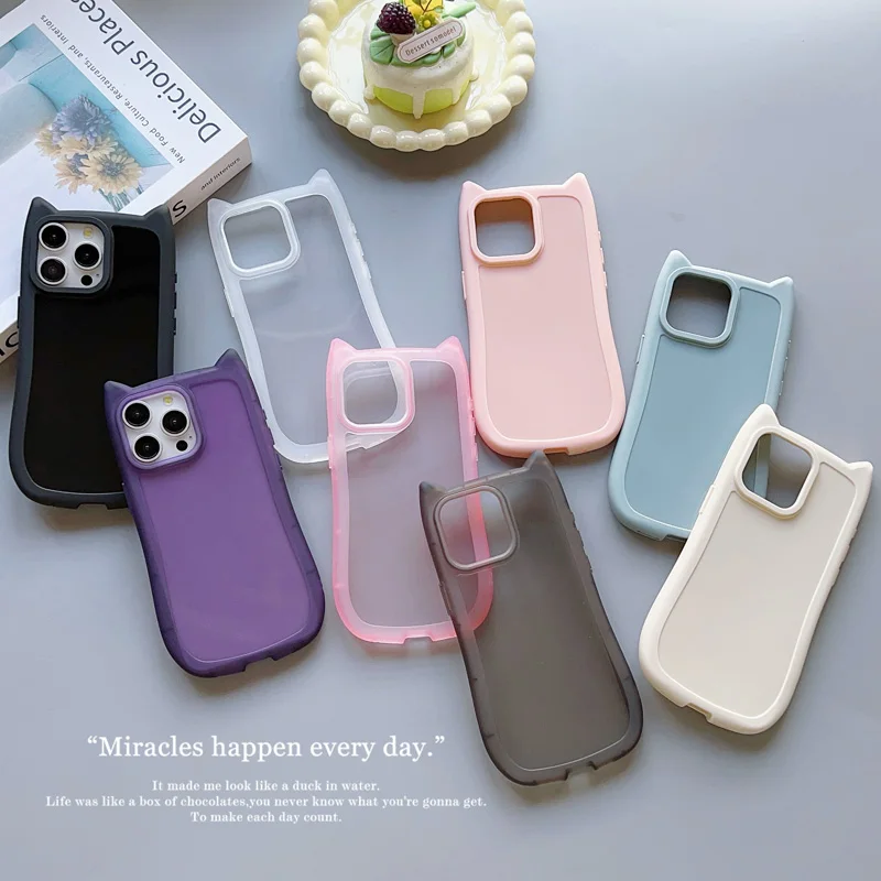 Cute Cat Ear Border Candy Solid Color Phone Case For iPhone 15 14 13 12 11 Pro Max Fashion Simple Shockproof Bumper Back Cover