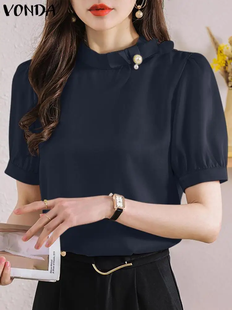 VONDA Elegant Office Blouse Women Summer Short Sleeve Bow Shirt 2024 Stand Collar Casual Solid Color Blusas Loose Tops Feminina