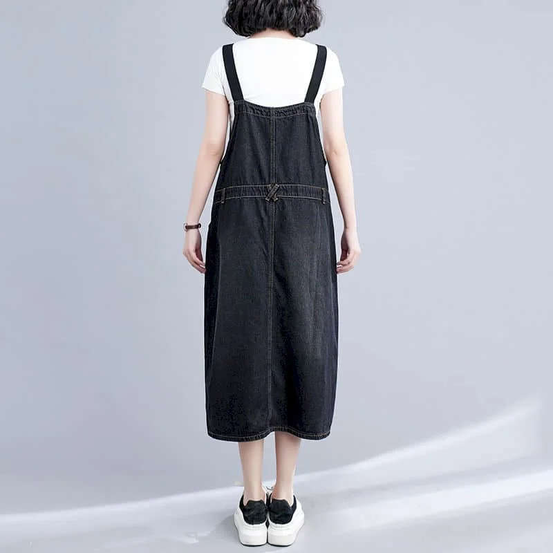 Denim Strap Dress for Women Solid Sleeveless Casual Loose Streetwear Fork Design Korean Style Oversized Vintage Mid-calf Dress