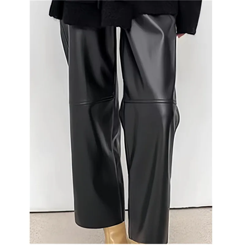 

Black Sheepskin Pants, Calf Length, Women's Wide Leg Haren Pants, Advanced Matte High Waist, Patchwork Loose Casual Pants