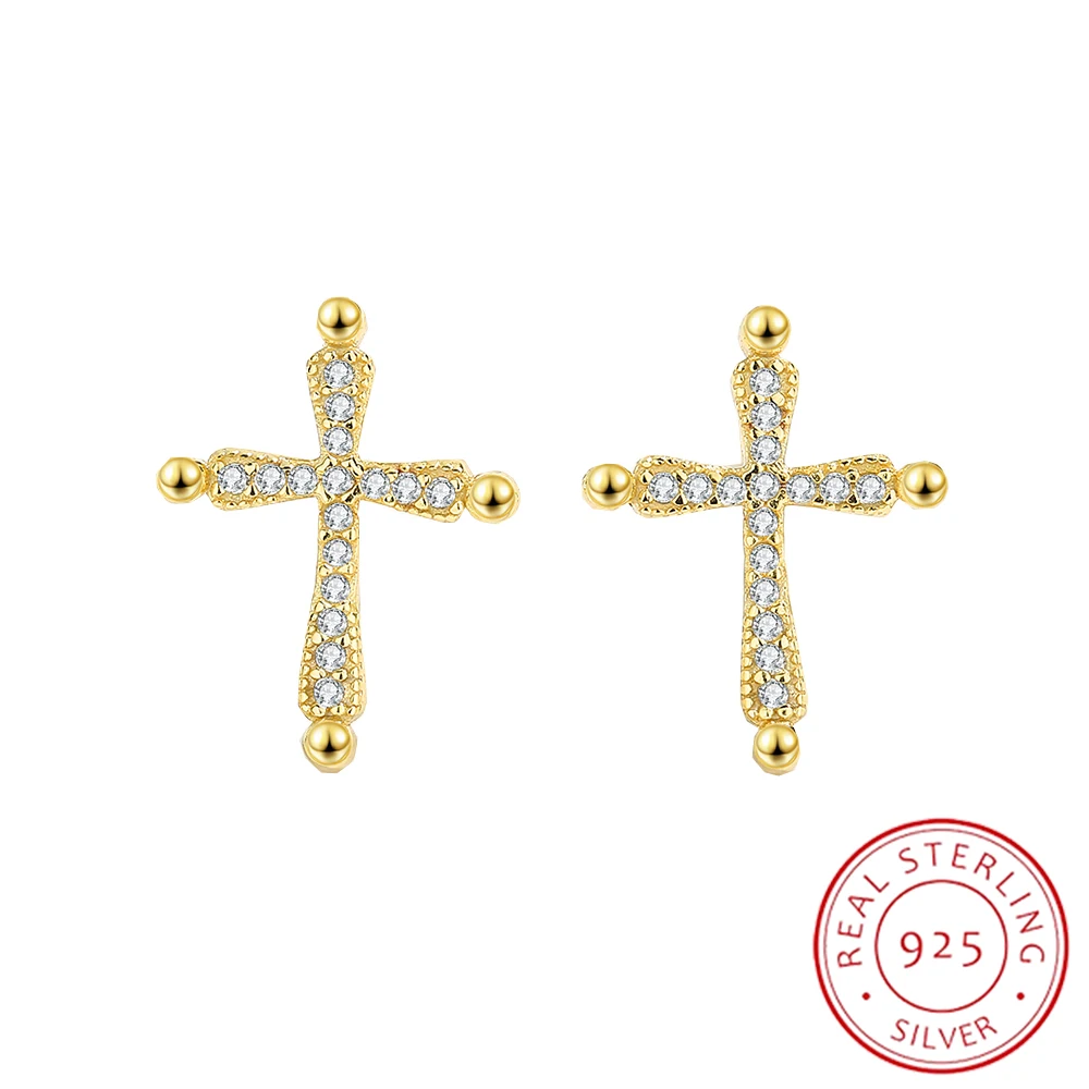 

2022 NEW Exquisite 18K Gold Cross Full Of Diamonds Studs Earring For Women Round Sterling 925 Silver Wedding Bridal Gift Jewelry