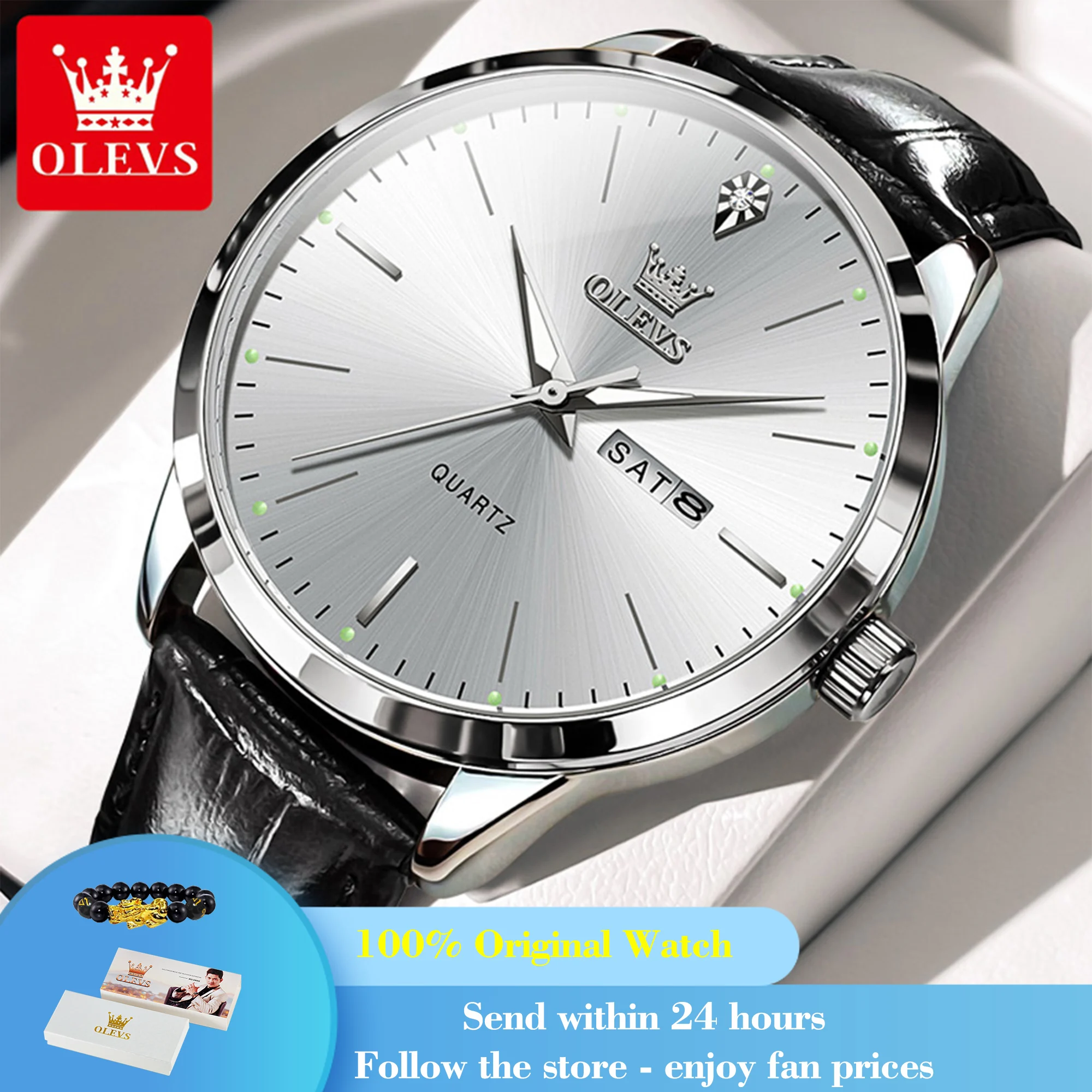 Olevs 2935 moda marca superior relógio de quartzo para homem 43mm grande dial couro relógio de pulso duplo calendário à prova dwaterproof água luminosa homem relógios