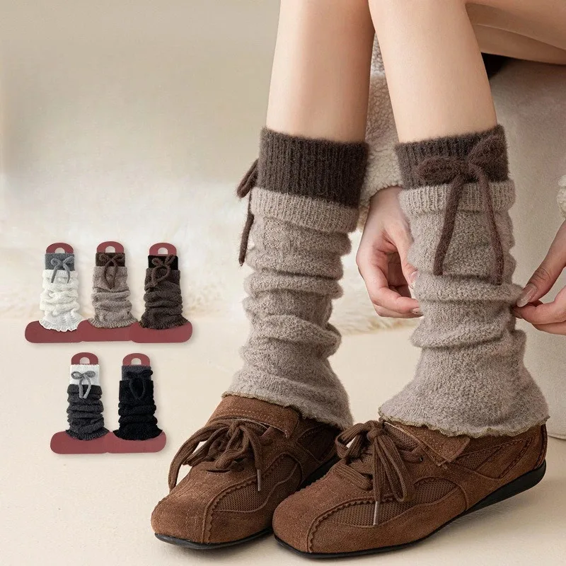

Warm Knitted Leg Warmers for Boots, Fleece Lined Ankle Socks with Bow, Winter Comfort Boot Cuffs for Women