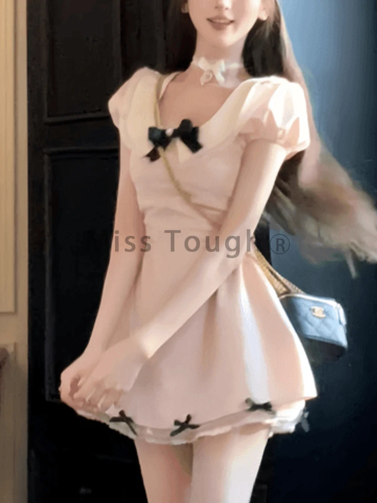 Summer Vintage Chic Y2k Mini Dress Women France Fashion Bow Sweet One Piece Dress Female Slim Elegant Short Sleeve Dress 2024