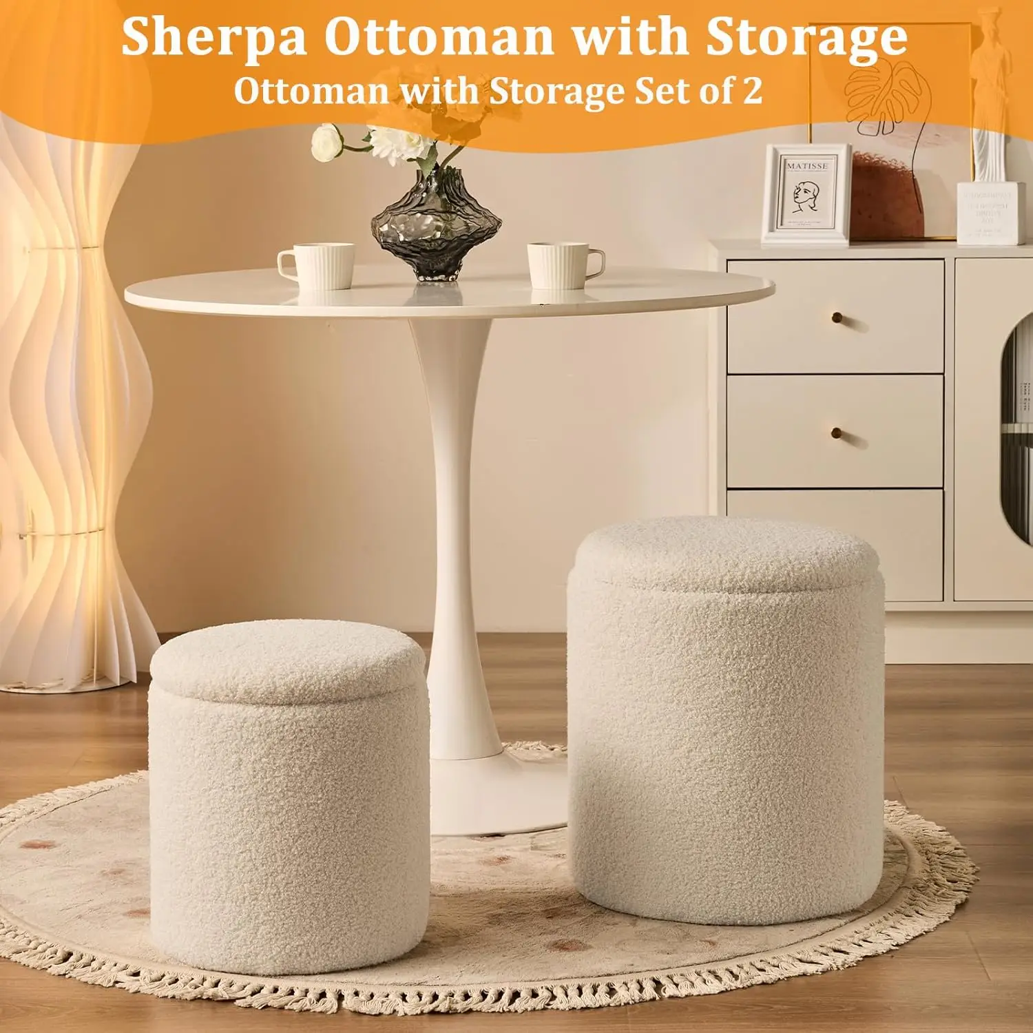 Round Set of 2 Ottoman with Storage Sherpa Storage Ottoman Chair Makeup Vanity Stool Chair Multifunctional for Living Room, Bedr