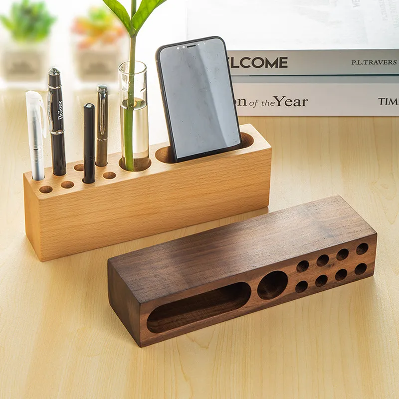 ✨Office Zen​ Plant Lover Wood Pen Holder Desk Caddy with Glass Tube Planter Office Organizer Unique Business Gift for Desk Tidy