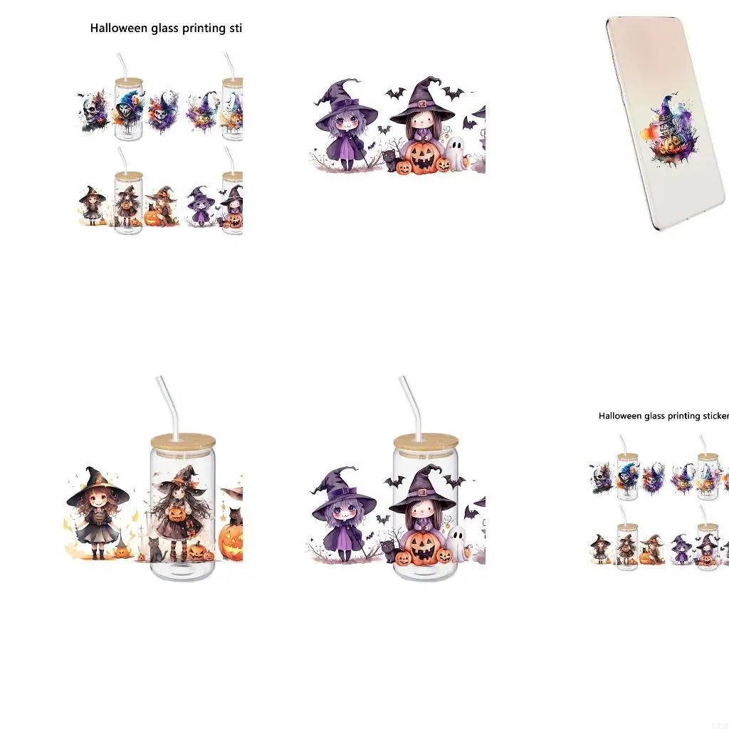 L43A Halloween Themed 16Oz Glass Cup Transfer Sticker Glasswares Adhesive Decal Set