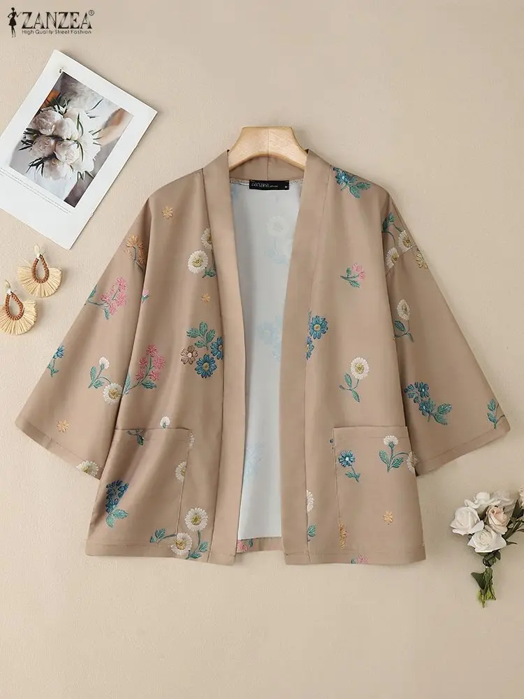 

ZANZEA Women Cardigan Shirts 2025 Autumn Casual V Neck 3/4 Sleeve Kimonos Tops Floral Printed Blouse Female Holiday Cover-Up