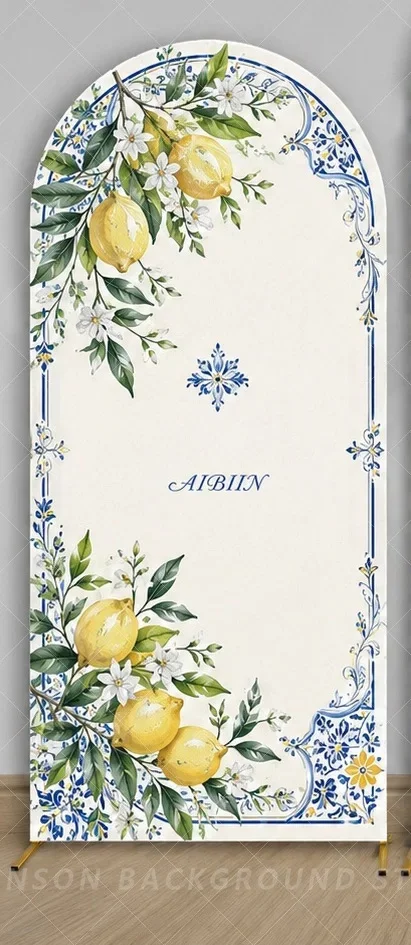 Mediterranean Lemon Arch backdrop Cover Set Italian Amalfi Coast Bridal Shower background with Blue Tile Design background