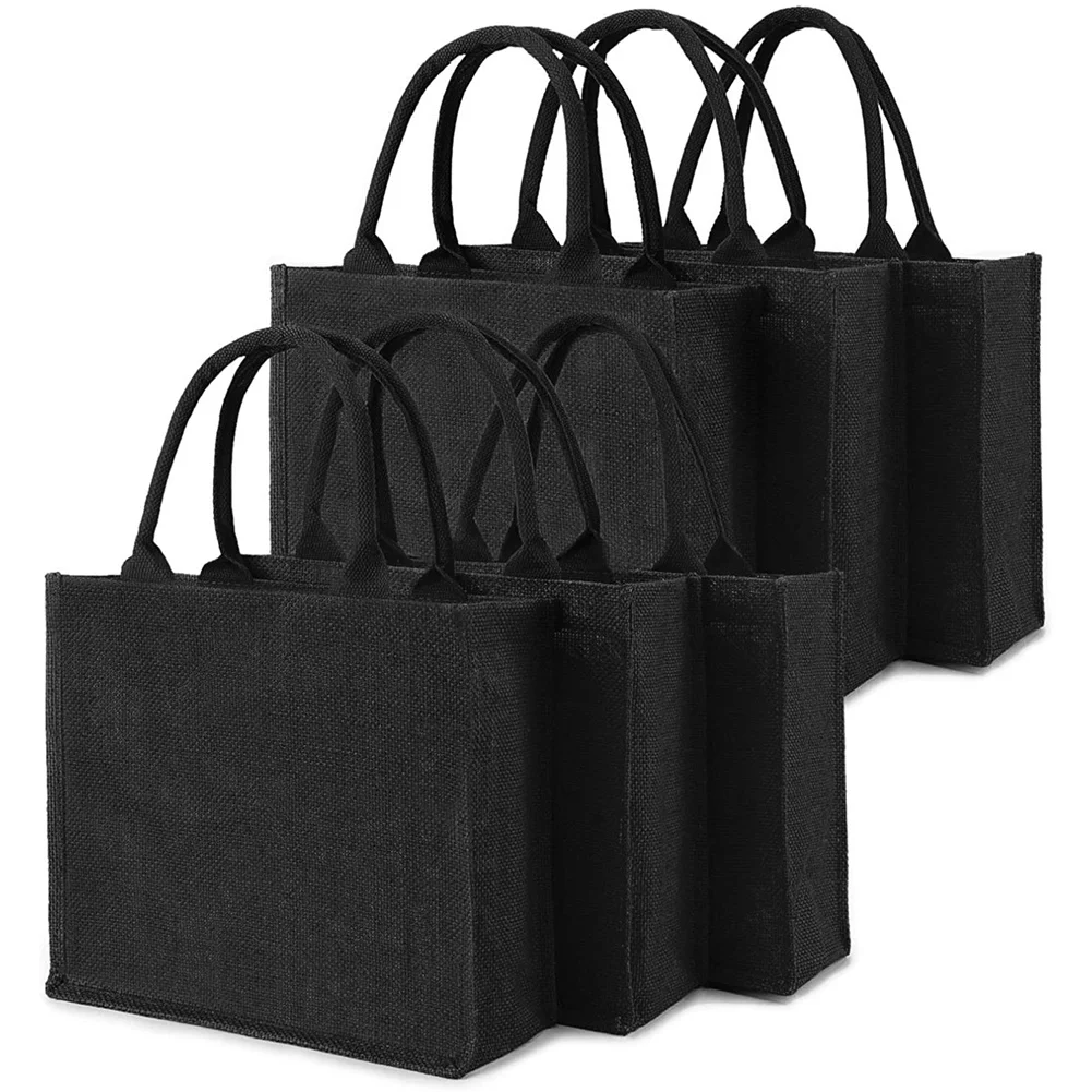 

6PCS Black Burlap Tote, Jute Tote Bags with Handles & Laminated Interior, Wedding Bridesmaid Gift Bags, Blank Bags