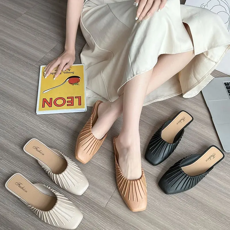 Mules Shoes Bedroom Slides Summer 2024 Women\'s Slippers and Ladies Sandals Indoor Low Heel Unique Waterproof Korea Style Shoe I