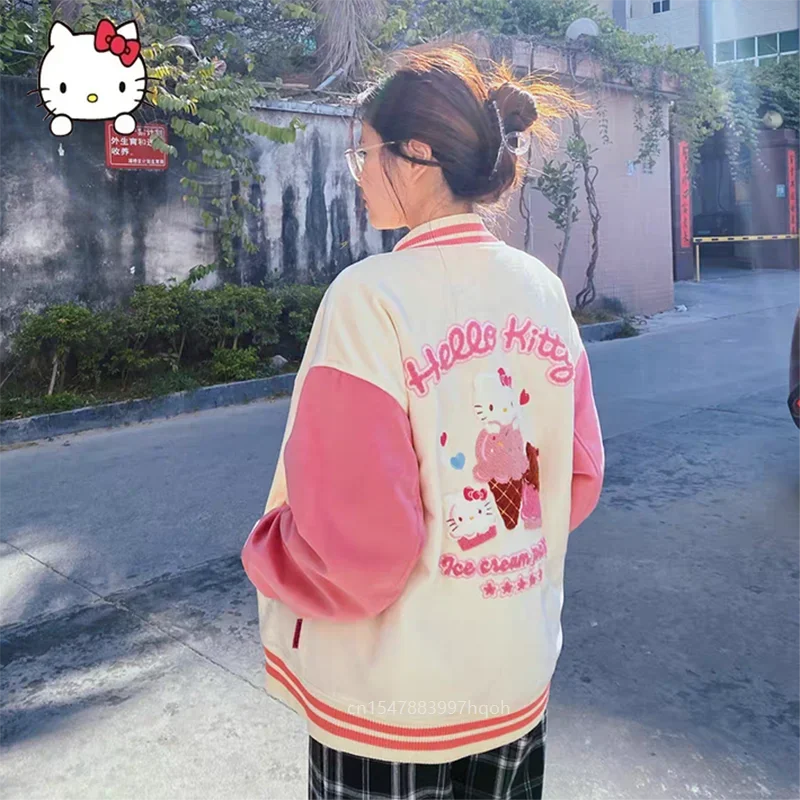 Hello Kitty Clothes Y2k Teenager Girl Luxury Design Embroidery Pink Jacket Baseball Jacket Fashion Coat Women Sweatshirt Plush