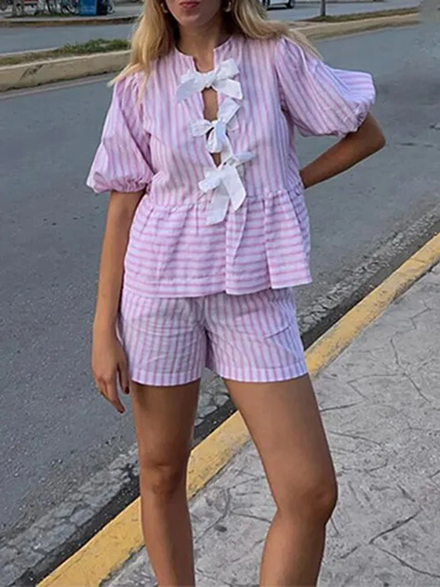 Y2k Puffy Sleeve Striped Shirt & Short Pants 2 Piece Sets Women Bow Lace Up Hollow Tops High Waist Pant Suit Vacation Outfits