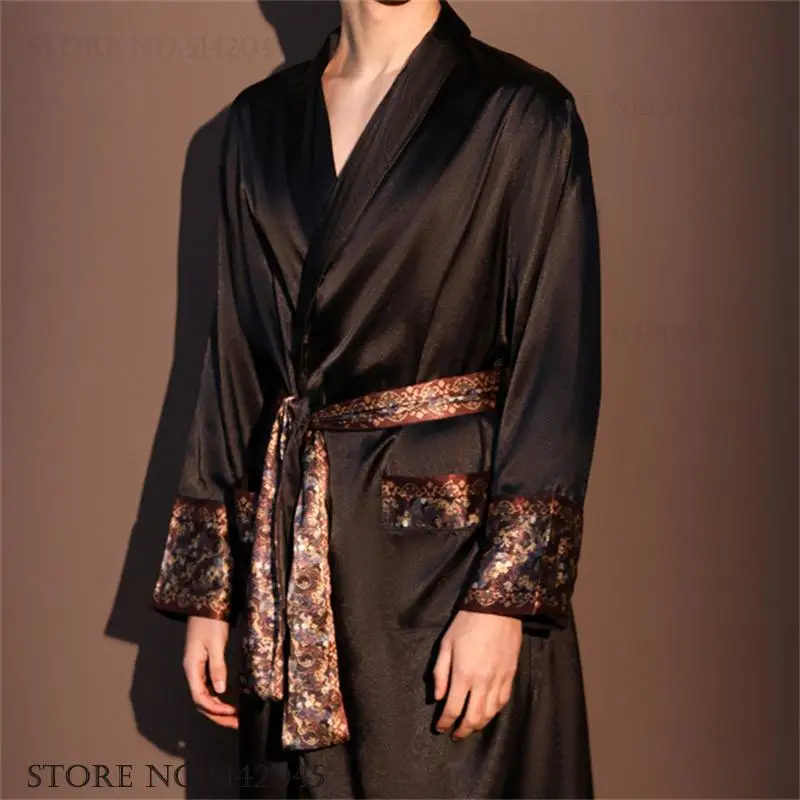 High Quality Men's Robe Pajamas Ice Silk Homewear Spring Summer New Long Sleeve Bathrobe Loungewear Loose Lingerie Sleepwear view 2