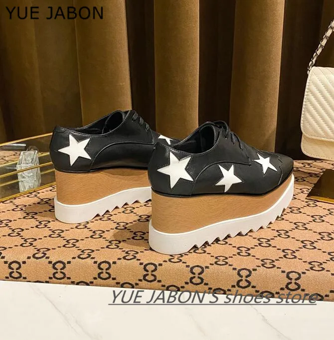 

Женские повседневные туфли на платформе, удобные женские туфли из натуральной кожи, дышащие, на танкетке 8 см, кроссовки на шнуровке, женские туфли с звездами