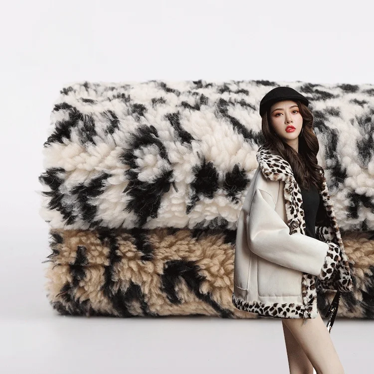 

1yard Leopard Print Jacquard Sherpa fur fur plush Fabric, Faux Lamb Wool Plush for Sewing, Coat, Home Decor