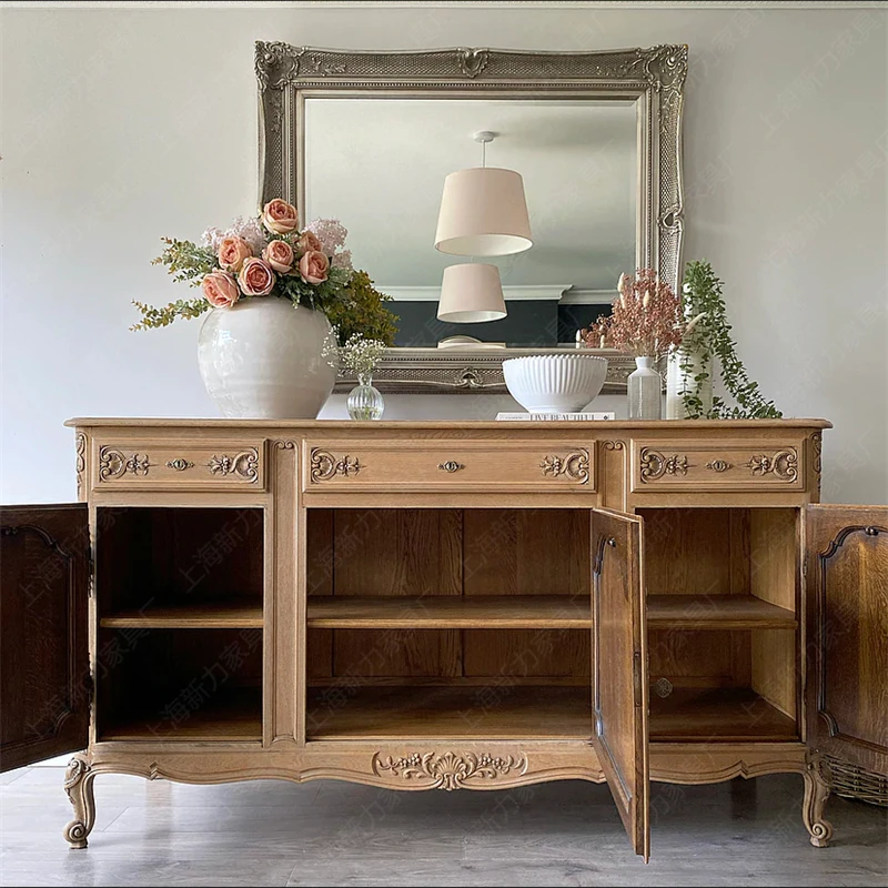 Solid wood dining side cabinet Nordic French retro old oak log carved three-door sideboard complete