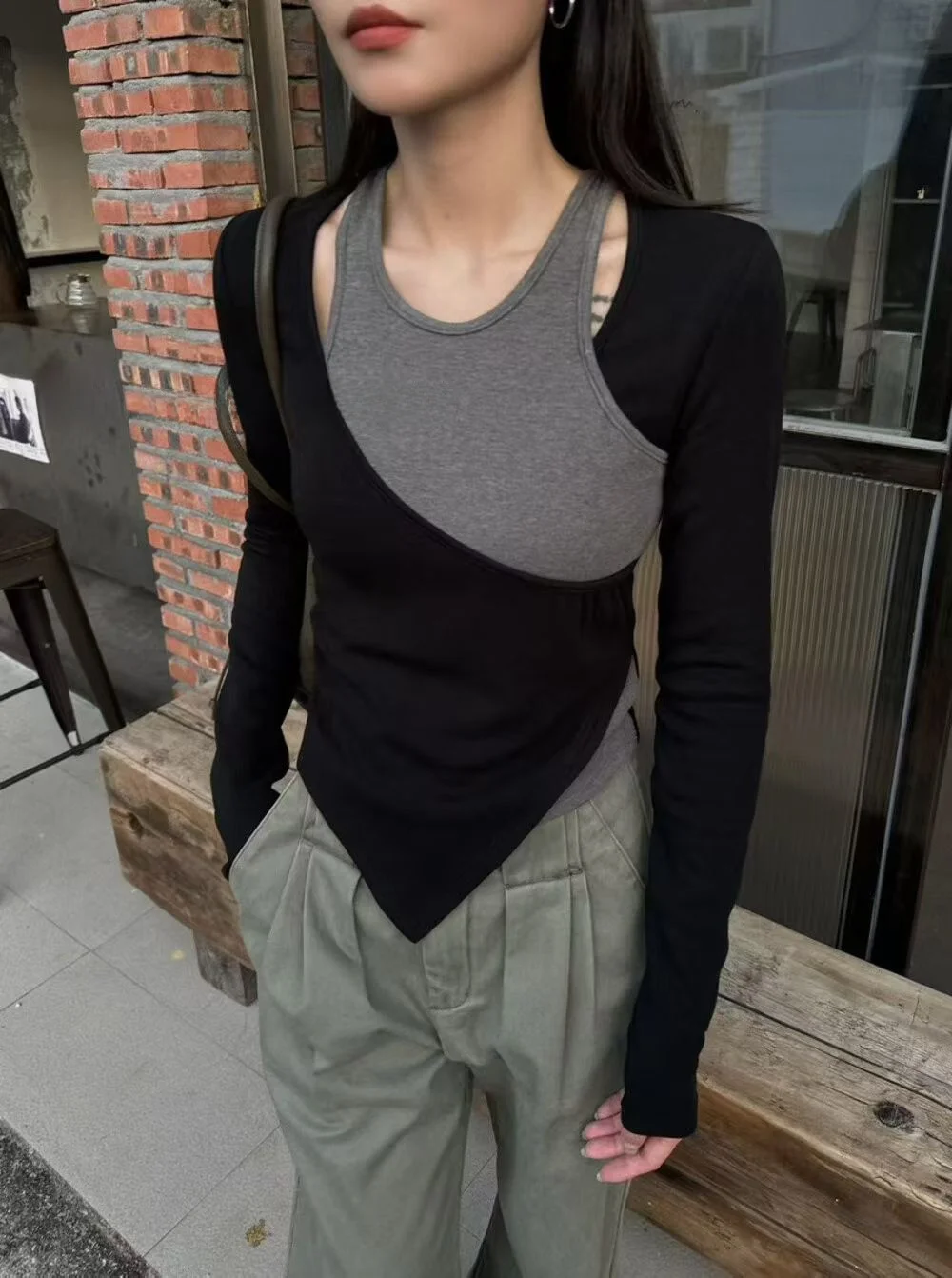 

Корейская футболка Sle Long Sve Fce на подкладке, женская облегающая футболка с подкладкой на плечи, удобный топ из мягкого хлопка, зима