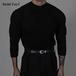 Fashionable Ribbed Solid Color Bottoming Tee Men Autumn Casual Mock Neck Long Sleeve Slim T-shirt For Mens Stylish Basic T Shirt