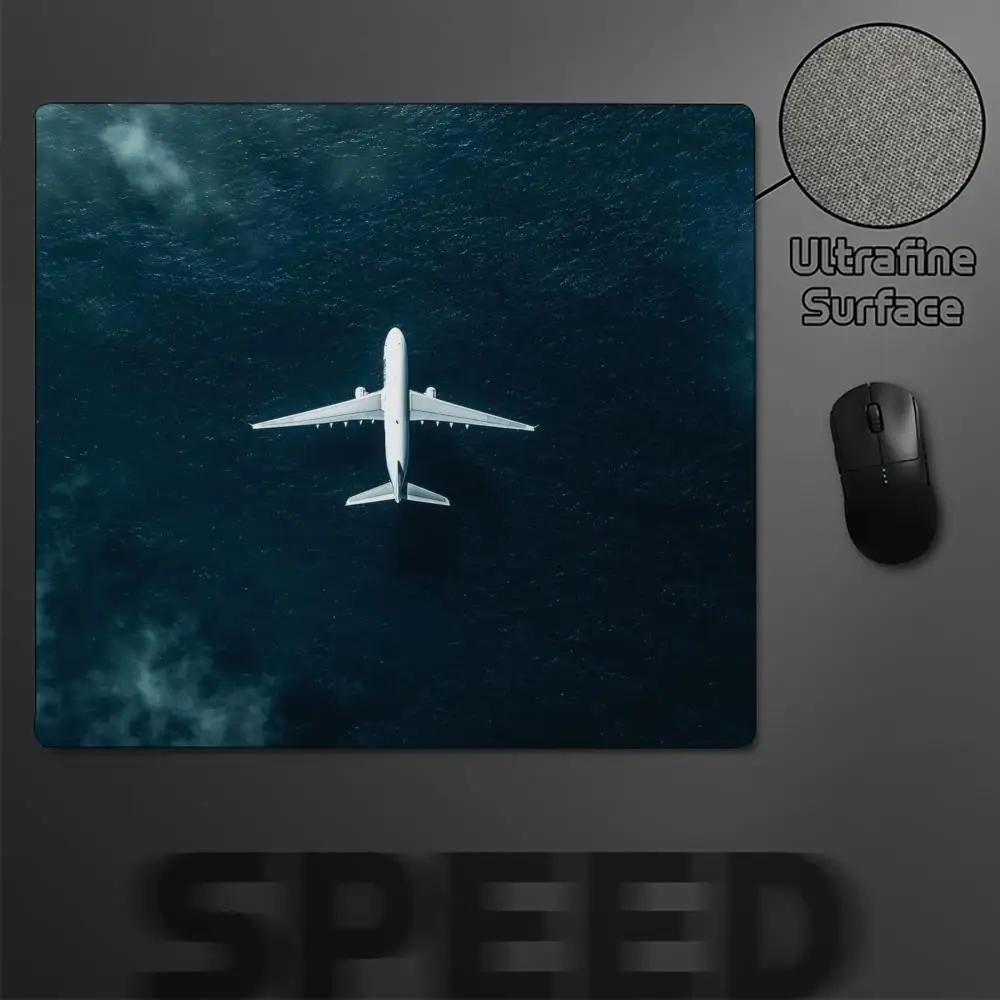 Square MousePad Minimalist Airplane Sky Trail Print Stitched Edge Anti‑Slip Rubber Desk Mat for Gaming Working Home Office Decor