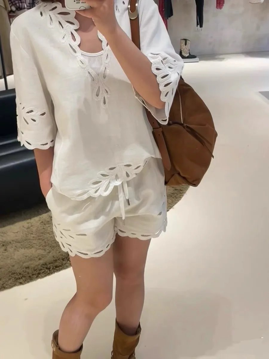 Women Cotton Solid Color Suit Hollow out Embroidery Half Sleeve Blouse or Elastic Waist Straigth Shorts Set Spring Summer 2025