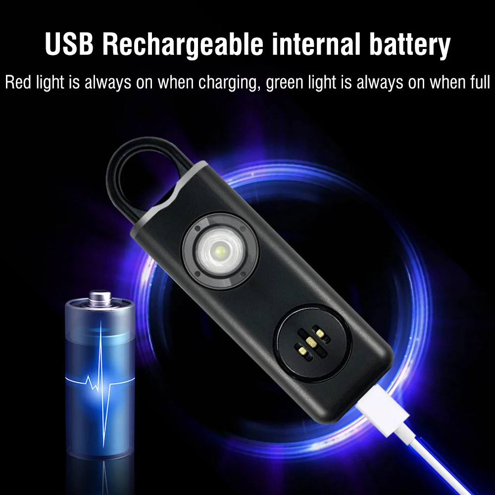 Self Defense LED Flashlight USB Rechargeable Keychain Light with Safety Alarm Protective Supplies Women Outdoor Emergency Tool