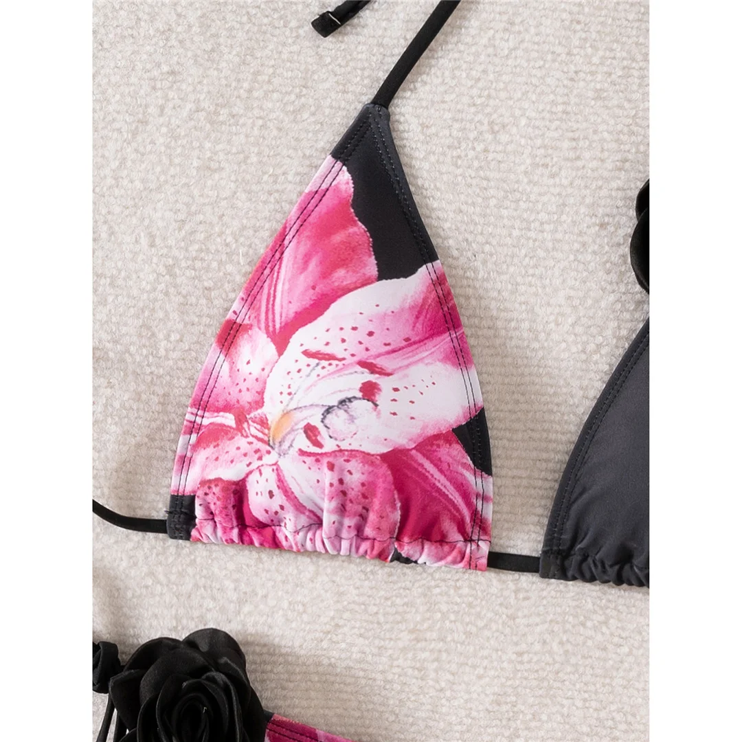 Sexy 3D-Blumen-Blumenmuster-Neckholder-Bikini, Damen-Badeanzug, zweiteiliges Bikini-Set, gepolsterter Badeanzug, Badebekleidung, Schwimmbikini V6963 – Detail 5