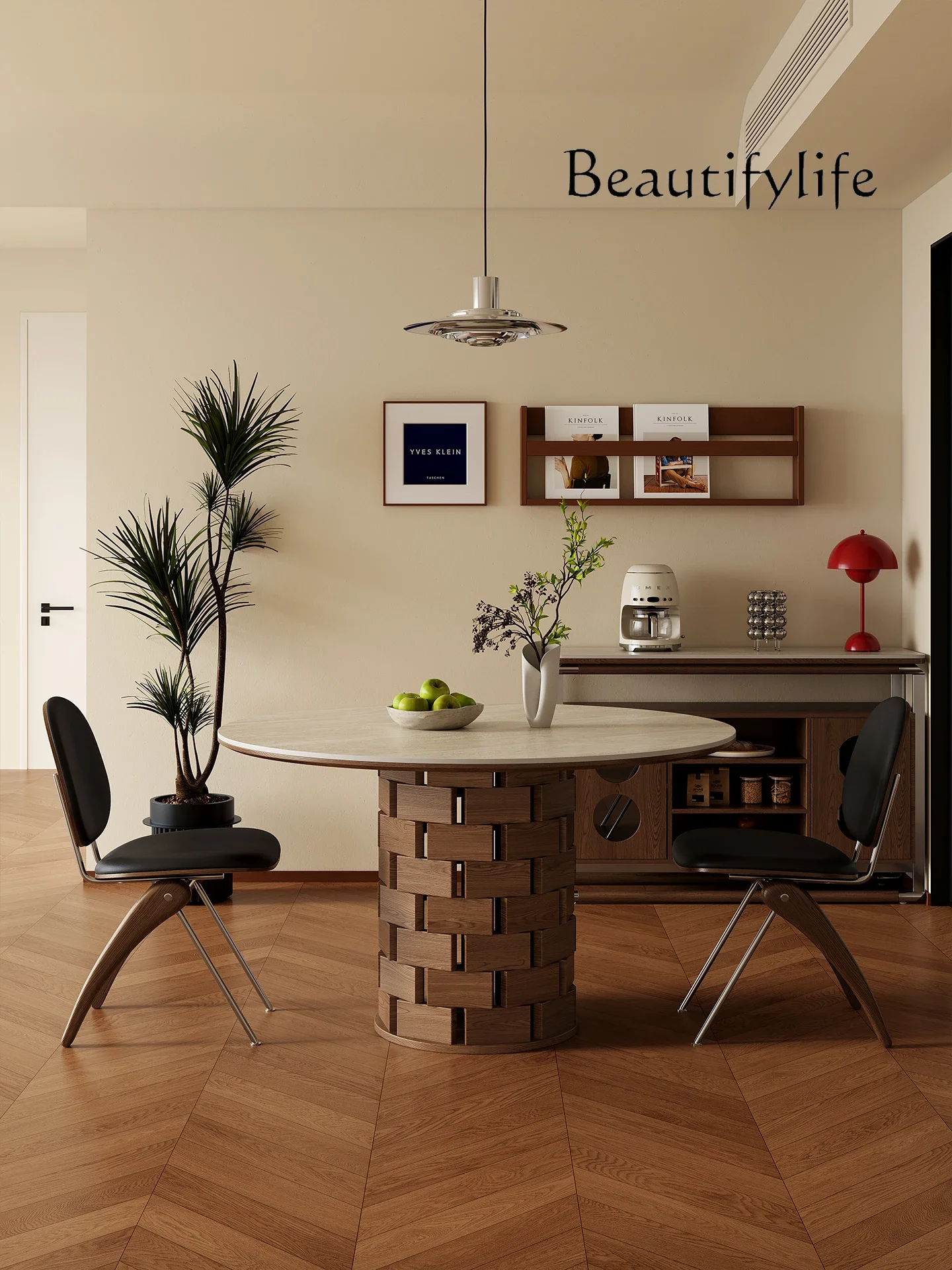 

Medieval style rock slab round travertine dining table solid wood ash wood retro style designer high sense