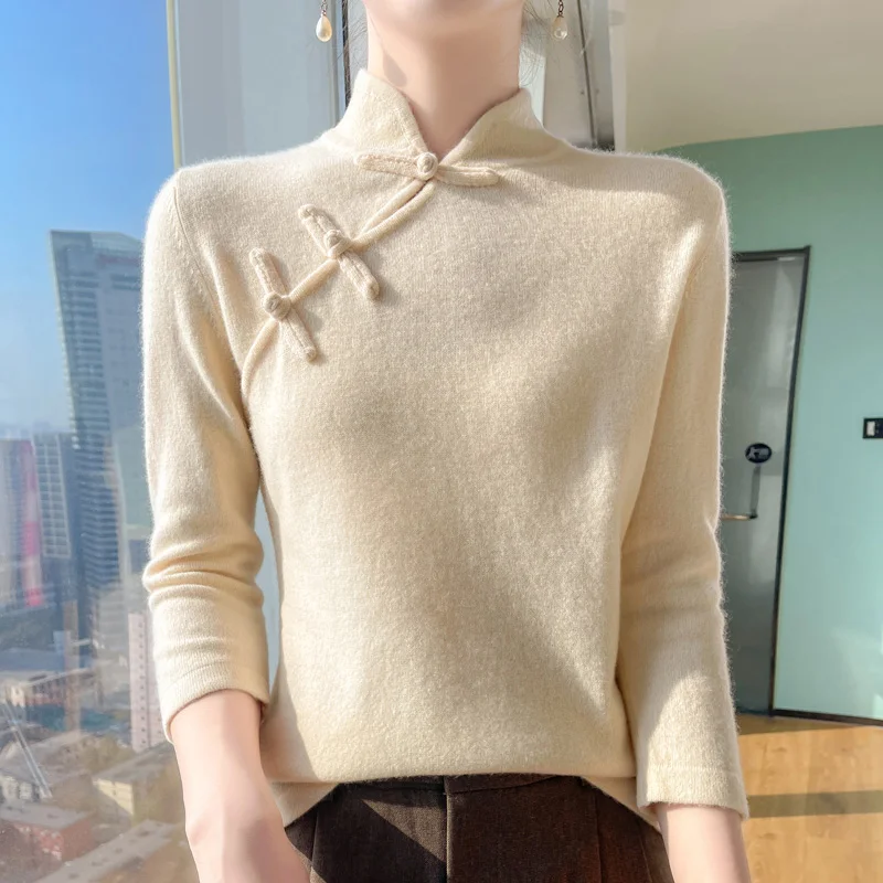 Chinese style quarter sleeved half high neck Blouse Spring/Summer new women's casual cardigan pullover