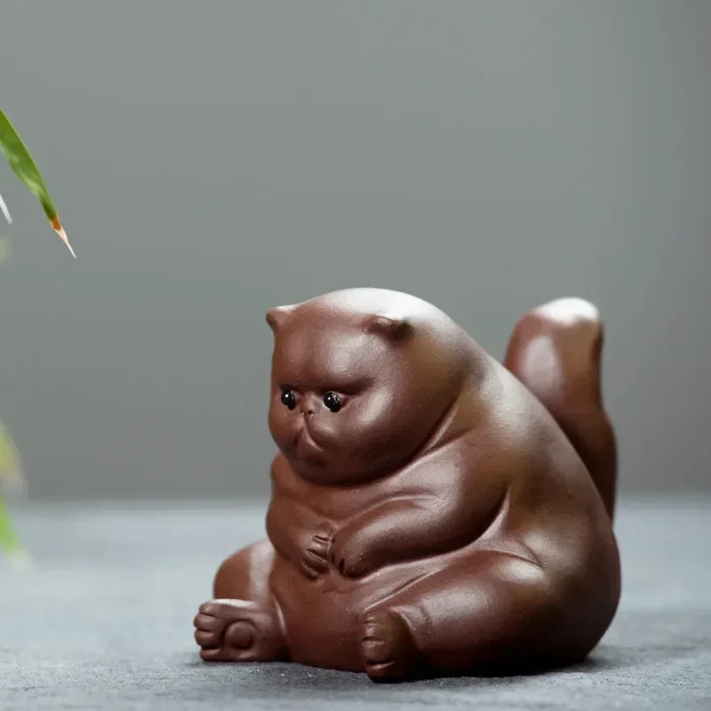 Yixing Boutique, figura de gato de la suerte para mascotas de té de arcilla púrpura, adornos de escritorio, escultura artesanal hecha a mano, juego