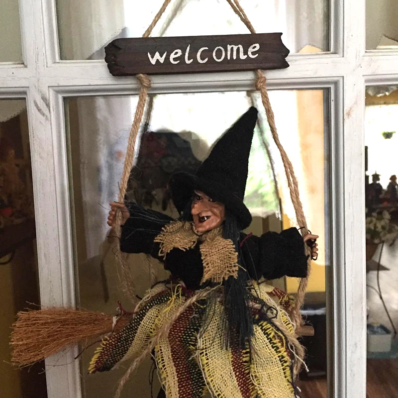 Halloween Hexen puppe hängen Ornamente fliegende Hexe mit Besen Horror Anhänger Halloween Party Dekoration für Zuhause DIY Kranz