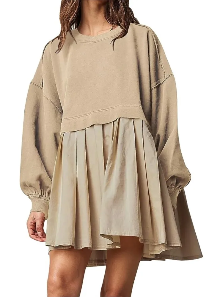 

Autumn Winter New Loose Patchwork Pleated Sweatshirt Mini Dress Women's Fashion Casual Simple Solid O Neck Long Sleeve Dress