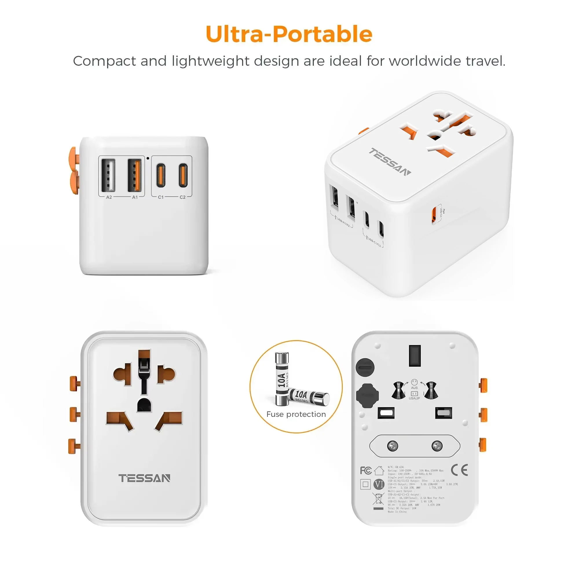 TESSAN 65W GaN 여행용 어댑터 범용 소켓, USB 3개, C형 고속 충전 국제 전원 어댑터 EU/UK/USA/AUS 플러그 포함 여행용 멀티 어댑터 멀티어댑터 65w 여행용 멀티어댑터 멀티어댑터 여행용