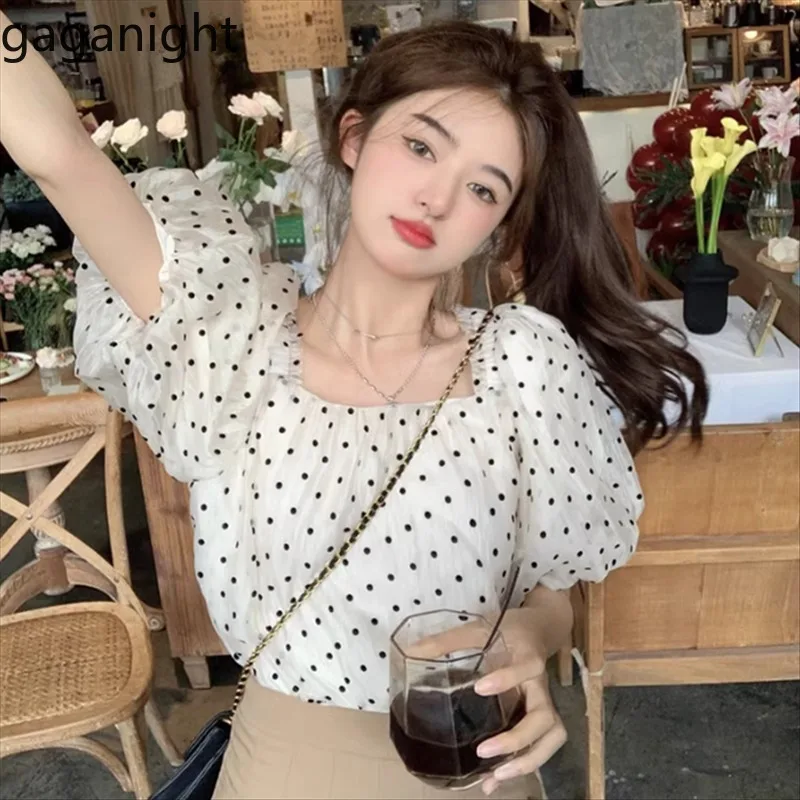 

Gaganight Blouse Women Polka Dot Square Collar Sweet Elegant French Style Shirts 2025 Spring Summer Female Tops Casual
