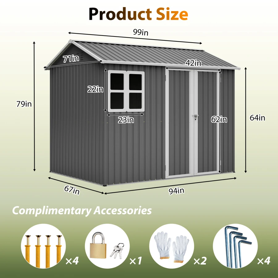 8'x6' Large Steel Storage Shed with Window, Lockable Doors and Sloped Roof, Heavy Duty Outdoor Tool Shed for Garden, Patio, Bac