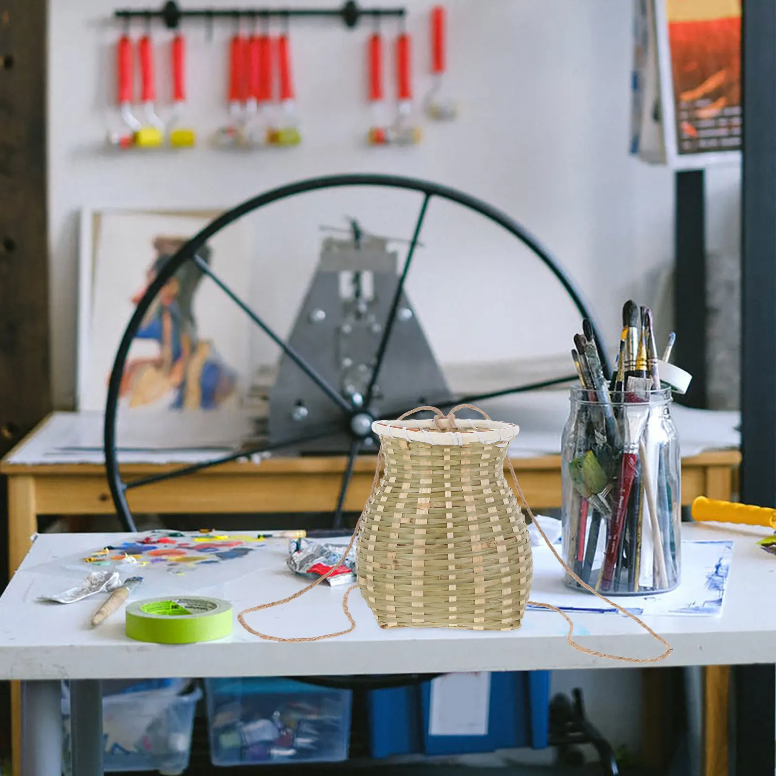 المنسوجة يدويا الخيزران سلة الظهر الصغيرة ريفي متعددة الأغراض تخزين حقيبة DIY بها بنفسك اللوحة الدعامة المنسوجة حامل الأداء