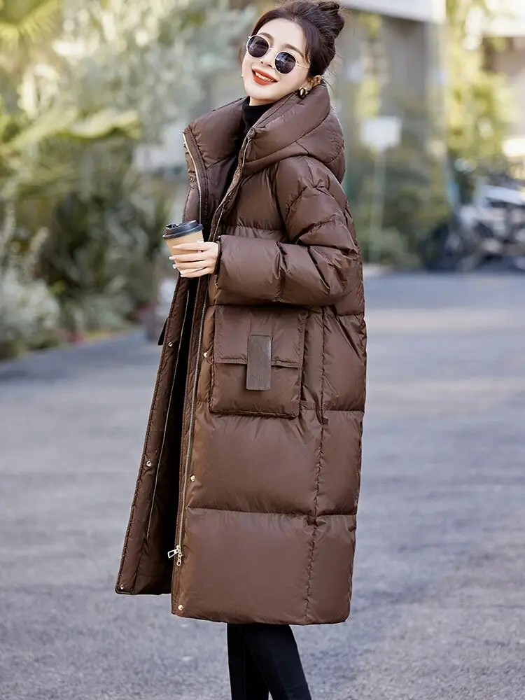 Long White Duck Down Jacket for Women, Loose Women's Parkas, High-end Popular Coats, 90 White Duck Hood, Fashion, Winter, 2024