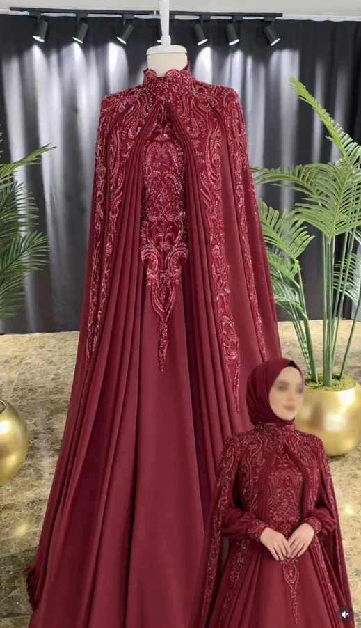 Burgunderrotes Muslimisches Kaftan-Abendkleid mit Cape, Langen Ärmeln, Glitzer-Applikation, Henna-Kaftan, Ramadan-Abendkleid, Maßanfertigung