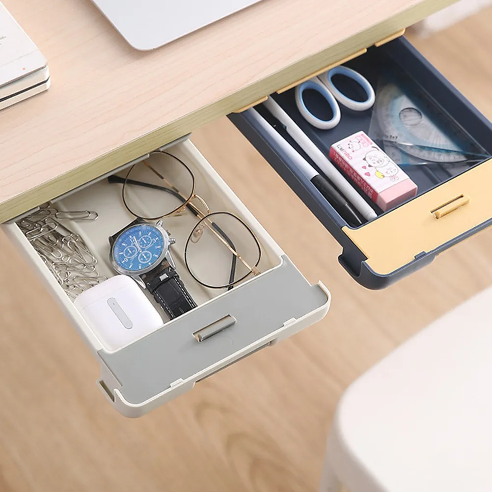 Hidden Under Desk Drawer Storage Box Creative Adhesive Desktop Organizer for Keys Jewelry Pens Rulers Glasses Student Office
