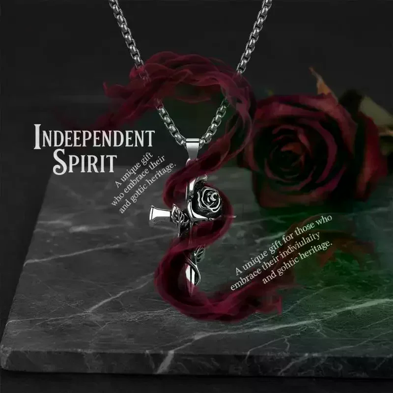 Trendy Vintage Rose Cross Pendant Necklace for Men Women Punk Style Adjustable Chain Accessory for Festivals