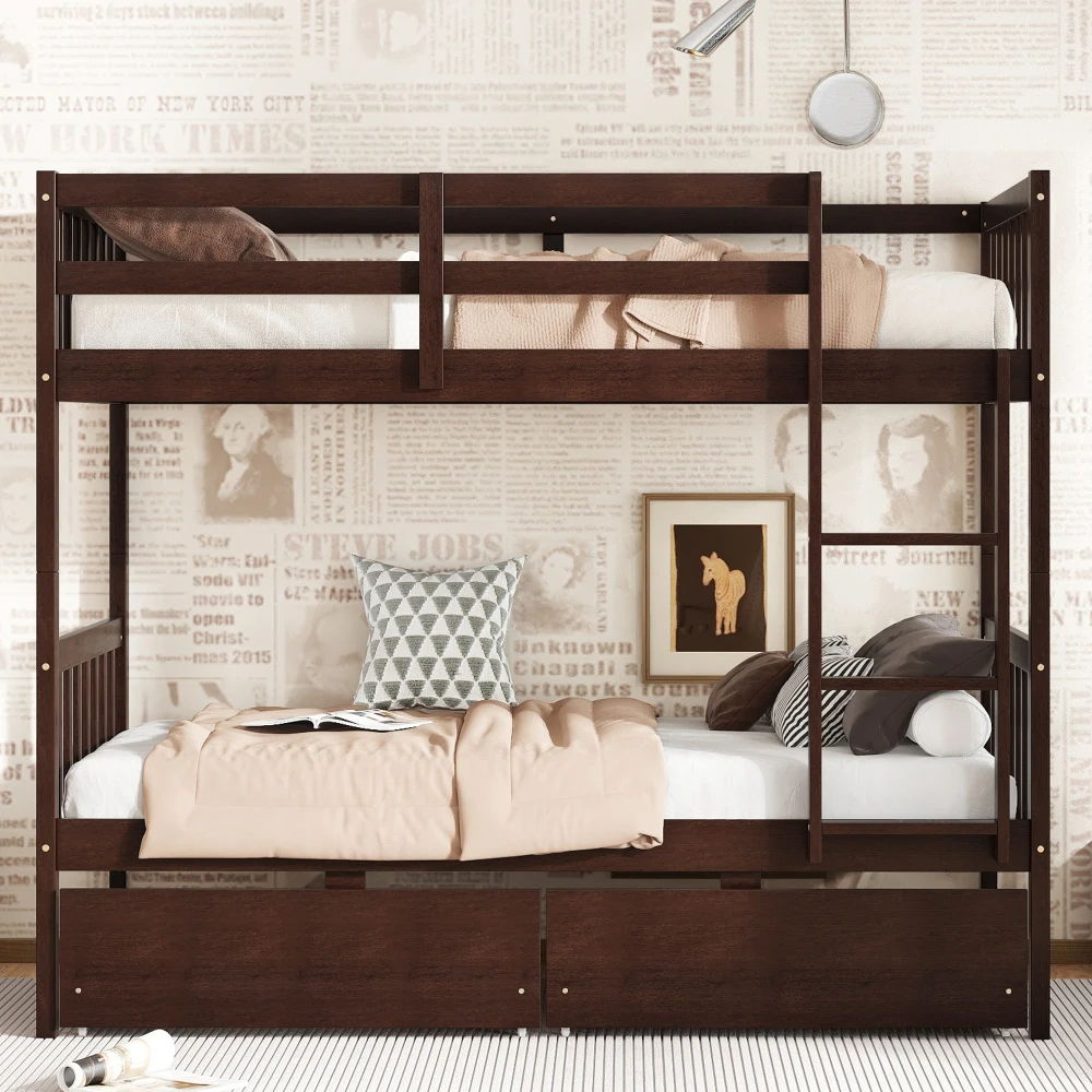 

Twin Over Twin Rubber Wood Bunk Bed w/2 Drawers, Convertible to 2 Twin Beds, Ladder & Guardrails, Espresso (Old Sku W504S00200)