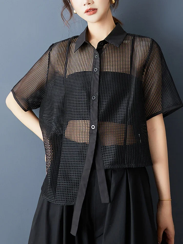 XITAO Hollow Out Irregular Women Blouse Short Sleeve Casual Loose Turn-down Collar Solid Color Summer Female Shirts ZMY1222 view 3