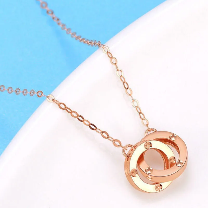 585 Purple Gold Plated 14K Rose Gold Double Ring Necklace Pendant Fashion Chain Classic Elegant Jewelry Gift for Girlfriend - Image 2